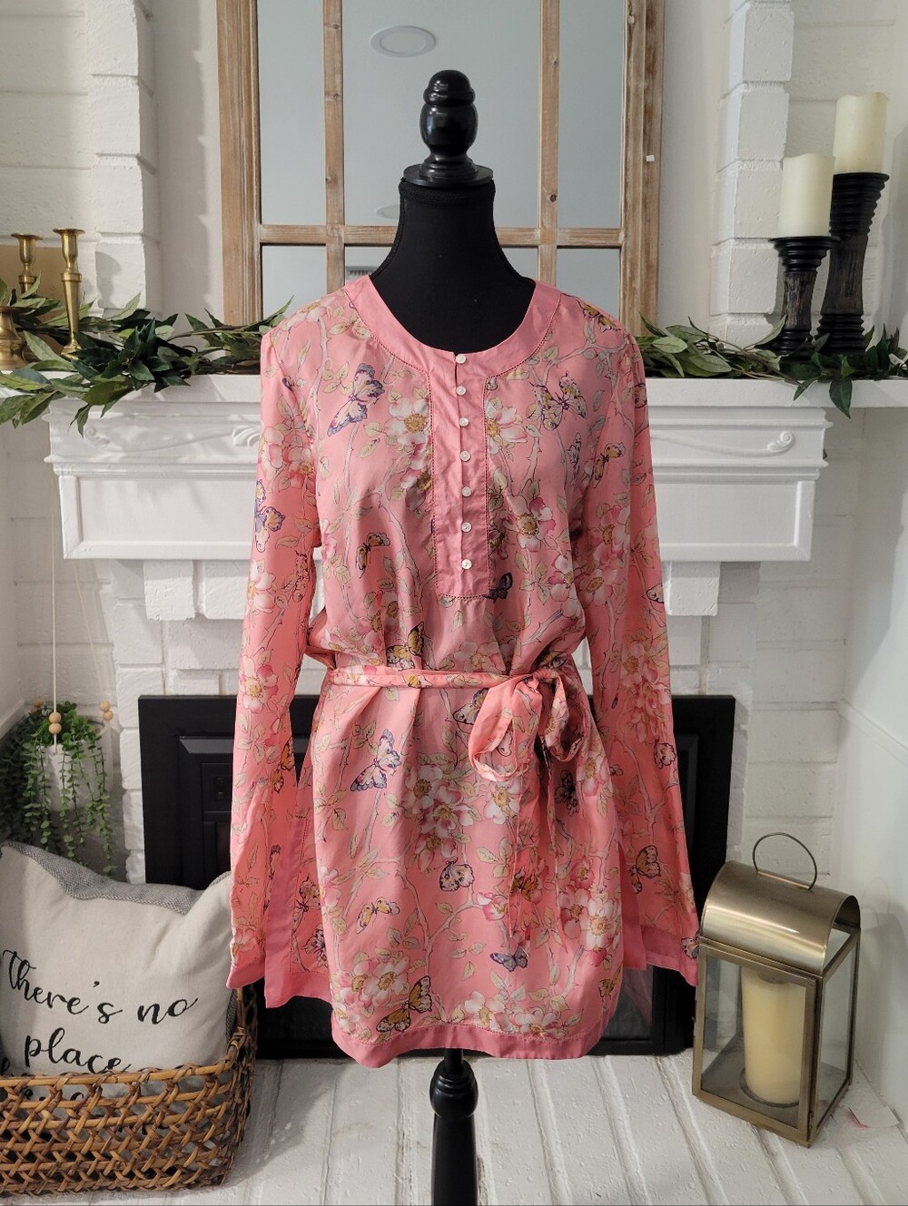 Lucky Brand Pink Floral Butterfly Silk Long Sleeve Tie-Waist Boho Tunic Top XL